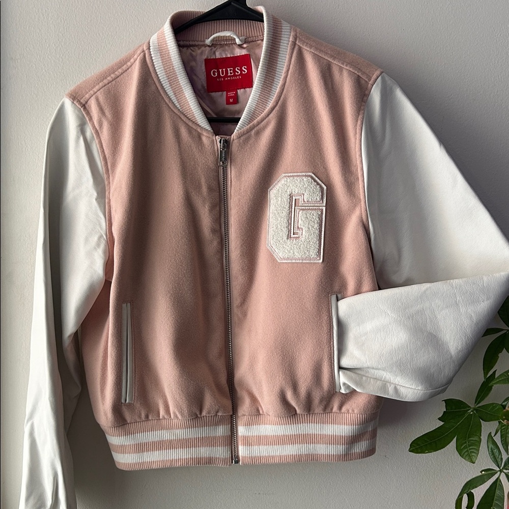 GUESS Blush Pink & White Ralia Varsity Letterman Bomber Jacket Size M